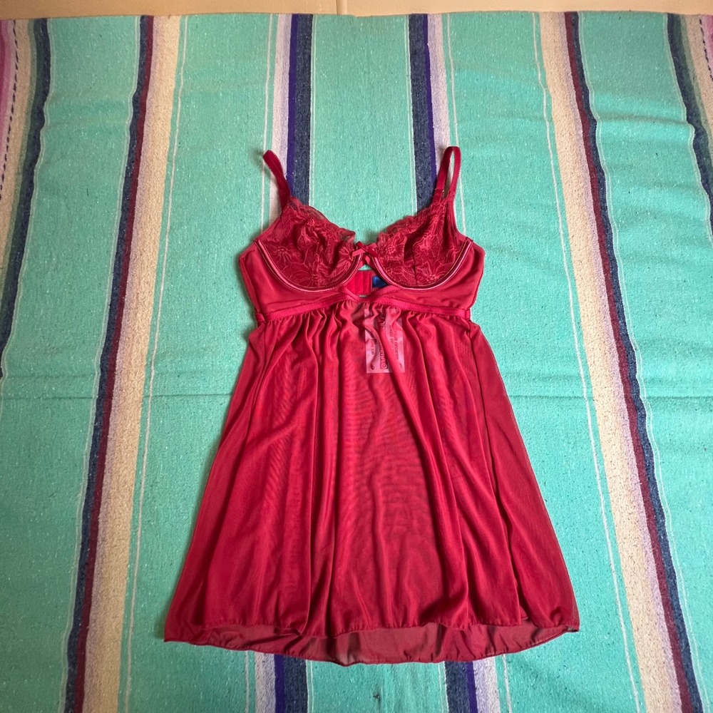 Rachel Roy Babydoll Chemise Women Medium Red Lace vintage Mesh Lingerie Slip